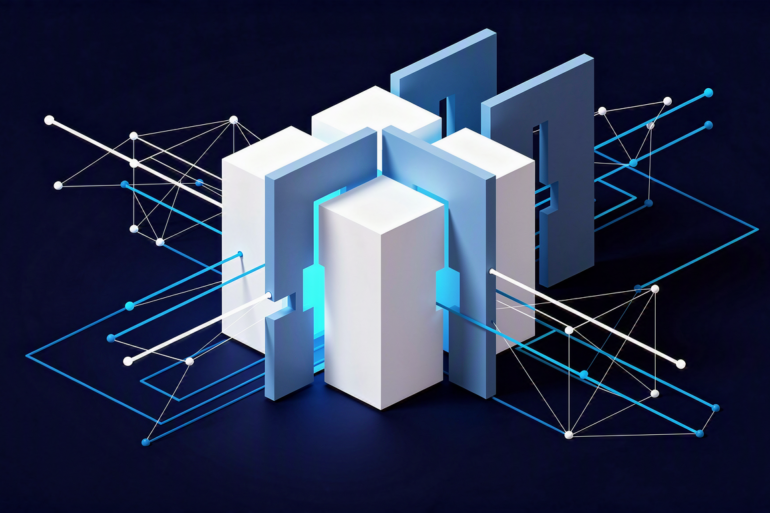 Abstract geometric illustration depicting AI technology access restrictions and geographic fragmentation through divided cubic structures
