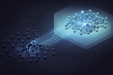 Abstract illustration depicting AI model restoration through geometric neural network visualization