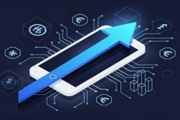 Illustration depicting rising technology costs with smartphone and upward price arrow on navy background