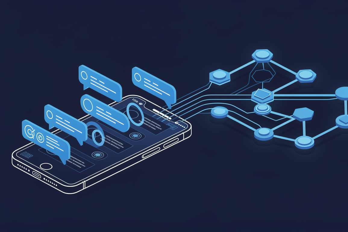 Editorial illustration depicting AI agent integration in mobile messaging platform with geometric message bubbles and autonomous processing nodes