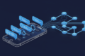 Editorial illustration depicting AI agent integration in mobile messaging platform with geometric message bubbles and autonomous processing nodes