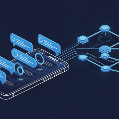 Editorial illustration depicting AI agent integration in mobile messaging platform with geometric message bubbles and autonomous processing nodes