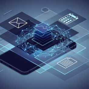 Abstract illustration of smartphone with layered AI features across multiple applications