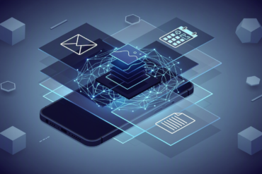 Abstract illustration of smartphone with layered AI features across multiple applications