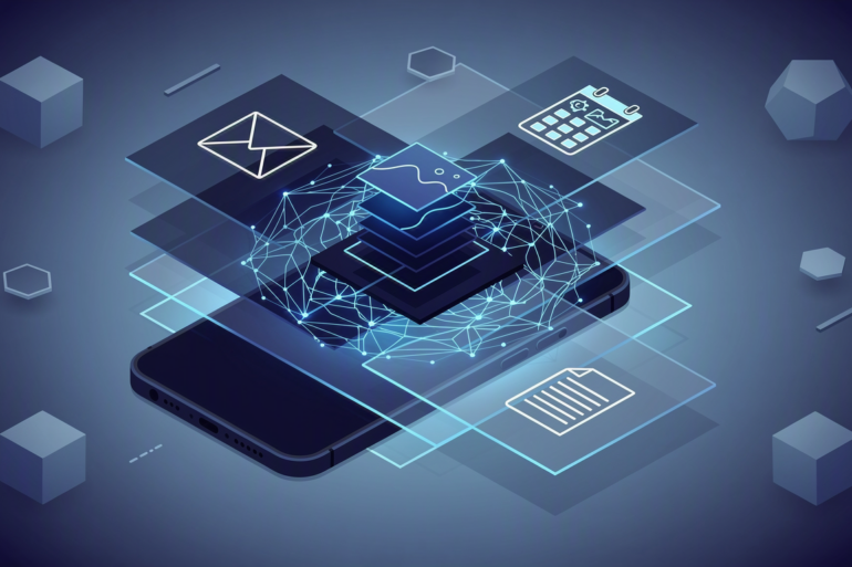 Abstract illustration of smartphone with layered AI features across multiple applications