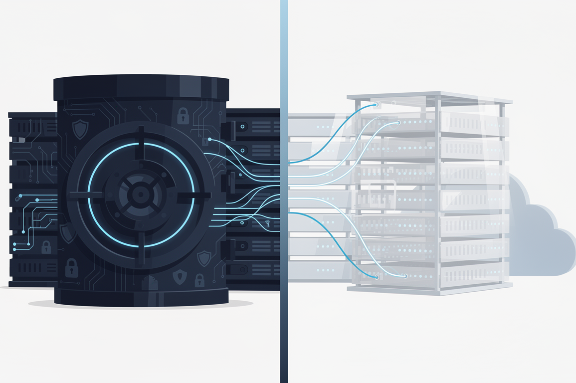Abstract illustration depicting Apple's private cloud architecture connected to Google's infrastructure, showing strategic dependencies in AI processing