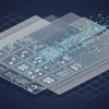 Editorial illustration depicting music data being catalogued in a searchable database system with geometric grid structures and waveform elements