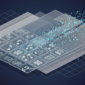 Editorial illustration depicting music data being catalogued in a searchable database system with geometric grid structures and waveform elements