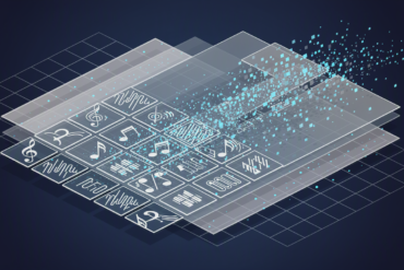 Editorial illustration depicting music data being catalogued in a searchable database system with geometric grid structures and waveform elements