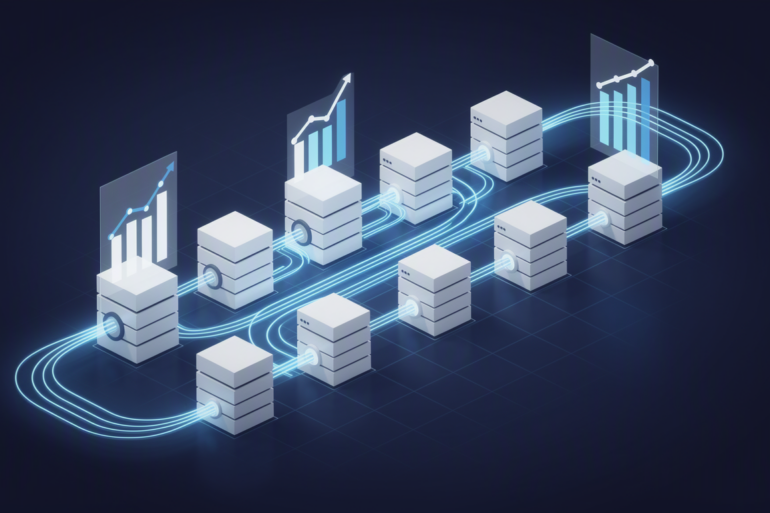 Abstract illustration of AI inference infrastructure with geometric server blocks and data flow streams