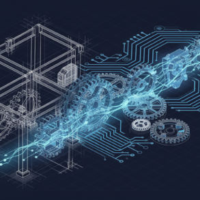 Abstract illustration depicting AI engineering systems with wireframe structures and neural network patterns