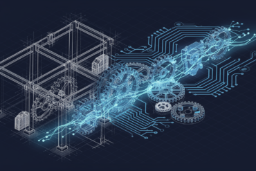 Abstract illustration depicting AI engineering systems with wireframe structures and neural network patterns