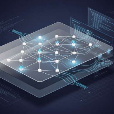 Abstract illustration depicting AI-powered code analysis and bug detection technology with geometric shapes and data flow patterns