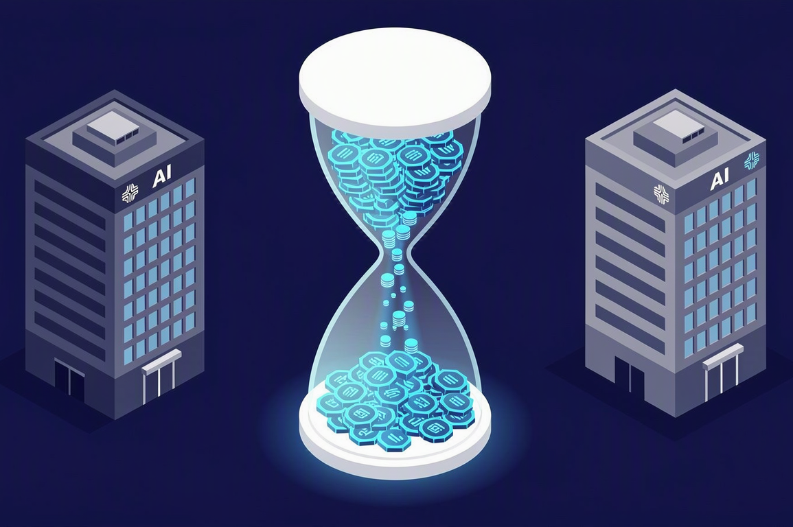 Illustration of AI tokens flowing through an hourglass representing enterprise budget rationing and cost control measures