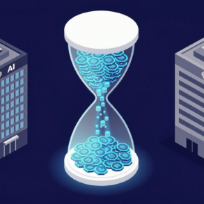Illustration of AI tokens flowing through an hourglass representing enterprise budget rationing and cost control measures