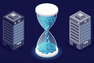 Illustration of AI tokens flowing through an hourglass representing enterprise budget rationing and cost control measures