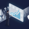 Editorial illustration depicting enterprise executive analysing AI token spending and ROI metrics on transparent screens with uncertain outcomes