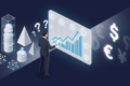 Editorial illustration depicting enterprise executive analysing AI token spending and ROI metrics on transparent screens with uncertain outcomes
