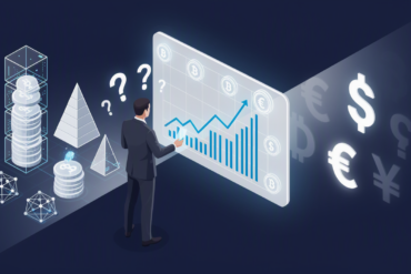 Editorial illustration depicting enterprise executive analysing AI token spending and ROI metrics on transparent screens with uncertain outcomes