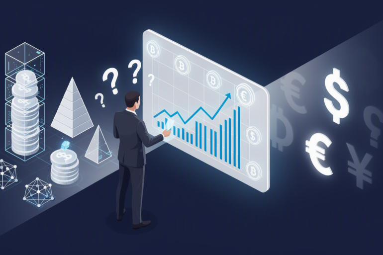 Editorial illustration depicting enterprise executive analysing AI token spending and ROI metrics on transparent screens with uncertain outcomes