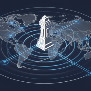 Abstract illustration of regulatory framework radiating globally through geometric patterns and connection lines
