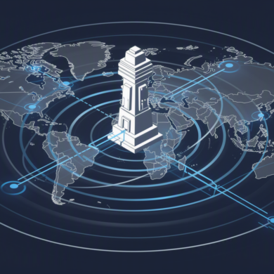 Abstract illustration of regulatory framework radiating globally through geometric patterns and connection lines