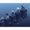 Abstract illustration depicting startup growth trajectory with ascending platforms and network connections