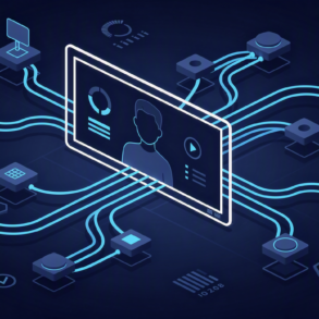 Abstract illustration of AI-powered video interview platform showing geometric screen and analytical network connections