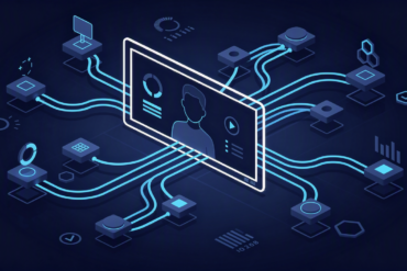 Abstract illustration of AI-powered video interview platform showing geometric screen and analytical network connections