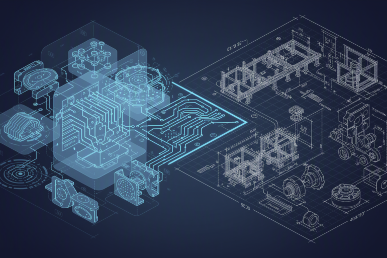 Editorial illustration contrasting AI systems with traditional engineering expertise in automotive development