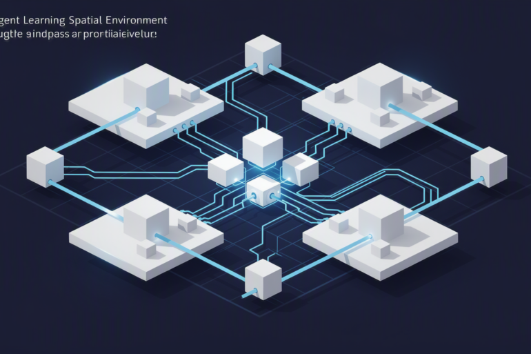 Abstract geometric illustration representing AI agents learning navigation and spatial reasoning through structured environments