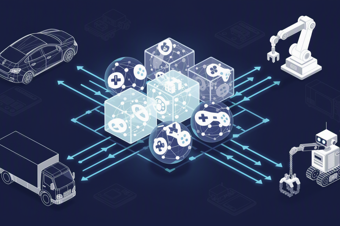 Abstract geometric illustration representing AI agent training through video game environments with neural network connections
