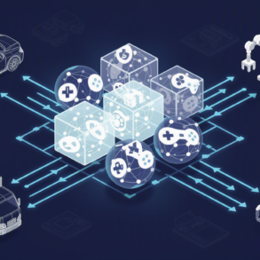 Abstract geometric illustration representing AI agent training through video game environments with neural network connections