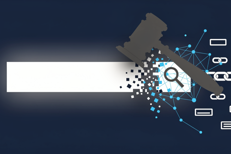 Editorial illustration depicting a search bar breaking apart with AI patterns dissolving, symbolising court ruling against Google's AI search strategy
