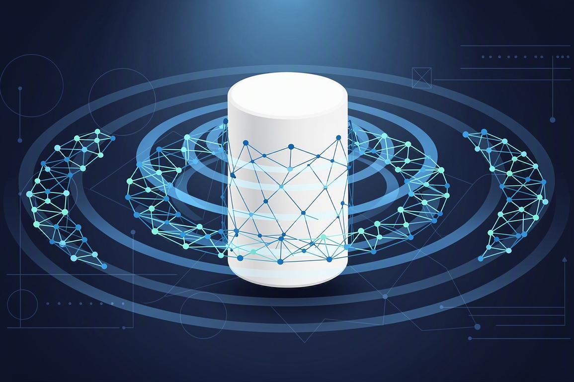 Editorial illustration of smart speaker with AI sound wave patterns in navy and electric blue