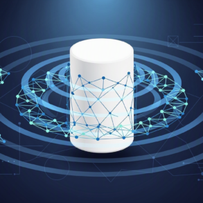 Editorial illustration of smart speaker with AI sound wave patterns in navy and electric blue