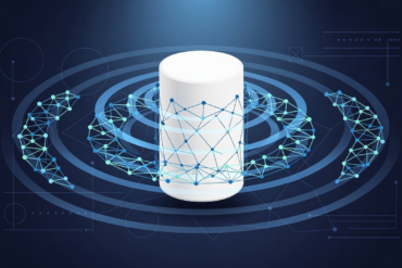 Editorial illustration of smart speaker with AI sound wave patterns in navy and electric blue