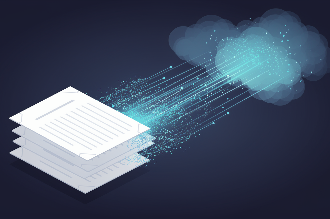 Abstract illustration of documents transforming into cloud computing data streams representing NotebookLM's AI upgrade