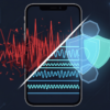 Editorial illustration depicting AI-powered phone scam detection with audio waveforms and protective geometric shields