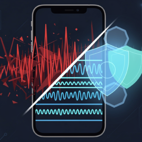 Editorial illustration depicting AI-powered phone scam detection with audio waveforms and protective geometric shields
