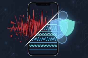 Editorial illustration depicting AI-powered phone scam detection with audio waveforms and protective geometric shields