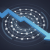 Editorial illustration depicting declining AI subscription prices through geometric arrows and network patterns