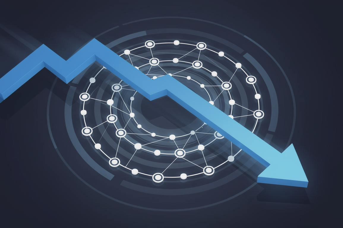 Editorial illustration depicting declining AI subscription prices through geometric arrows and network patterns