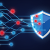 Abstract illustration of digital network with security shield intercepting fraudulent nodes