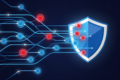 Abstract illustration of digital network with security shield intercepting fraudulent nodes