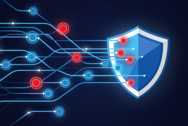 Abstract illustration of digital network with security shield intercepting fraudulent nodes