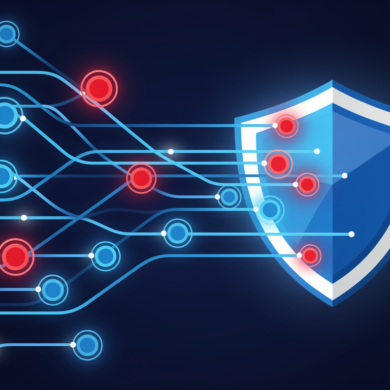 Abstract illustration of digital network with security shield intercepting fraudulent nodes