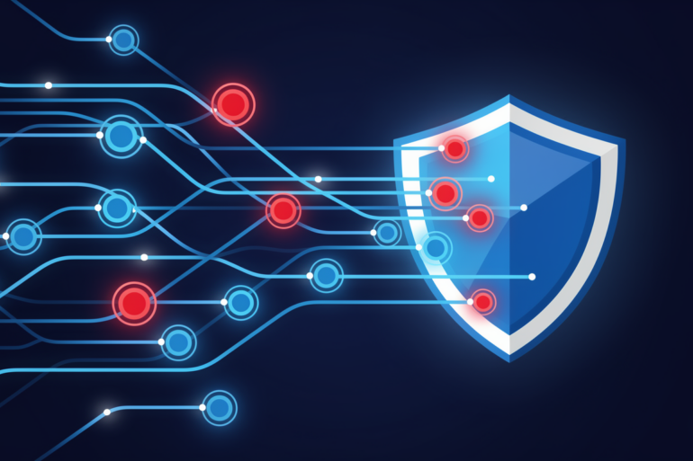 Abstract illustration of digital network with security shield intercepting fraudulent nodes