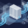 Editorial illustration depicting data centre infrastructure with water efficiency concepts through geometric shapes and flowing elements