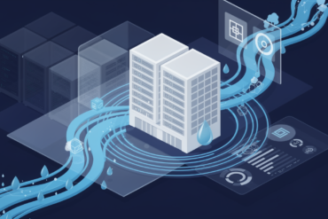 Editorial illustration depicting data centre infrastructure with water efficiency concepts through geometric shapes and flowing elements